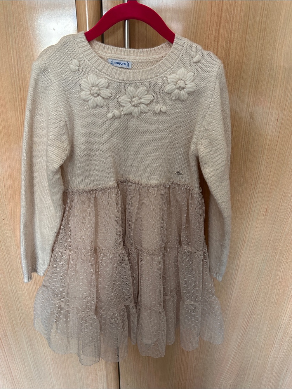 Mayoral Cream Knit Dress with Floral Applique and Tiered Tulle